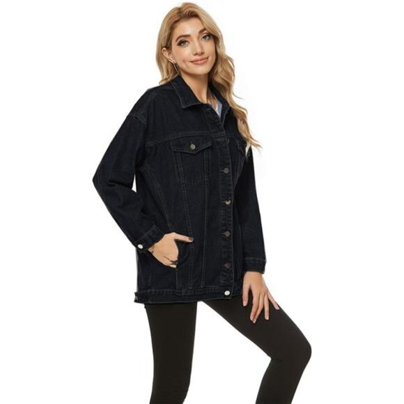 Women's Oversized Denim Jacket Distressed Lapel Button Up Long Sleeve
